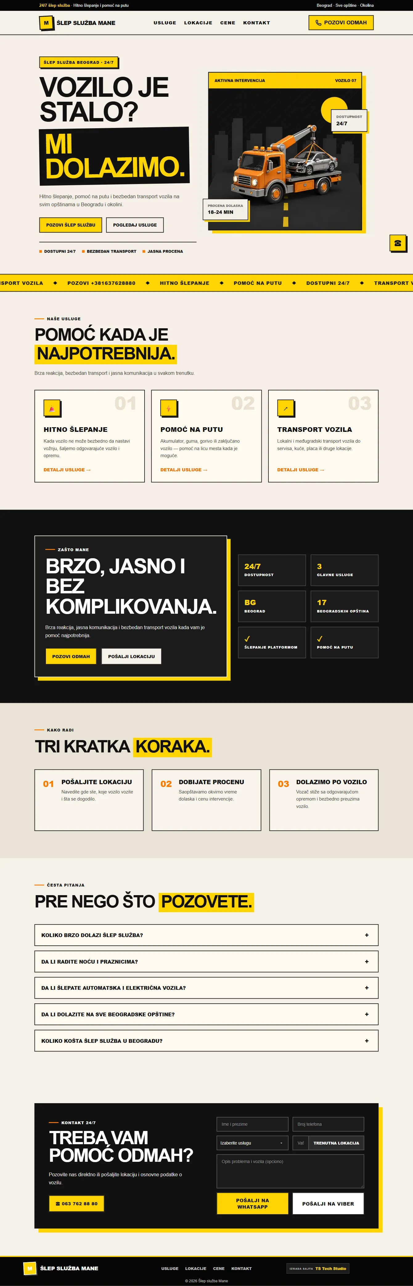 Šlep služba Mane towing service website for Belgrade and Novi Sad — full-page screenshot